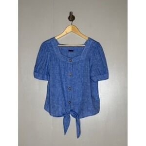 Talbots Linen Tie Front Blouse Blue Button Front Top Petite Medium
